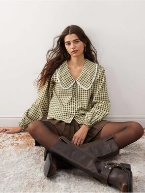 Lulu's Green Gingham Peter Pan Collar Button-Up Top